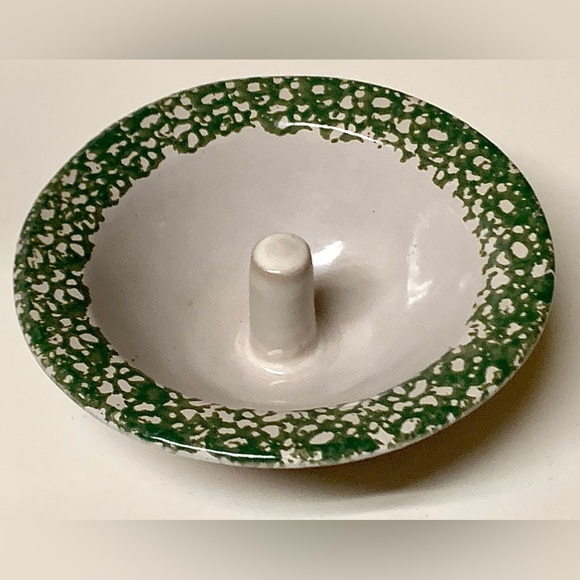 Vintage Unused Glazed Clay Pottery ORIGINAL APPLE BAKER Green Spongeware Trim - Picture 9 of 16